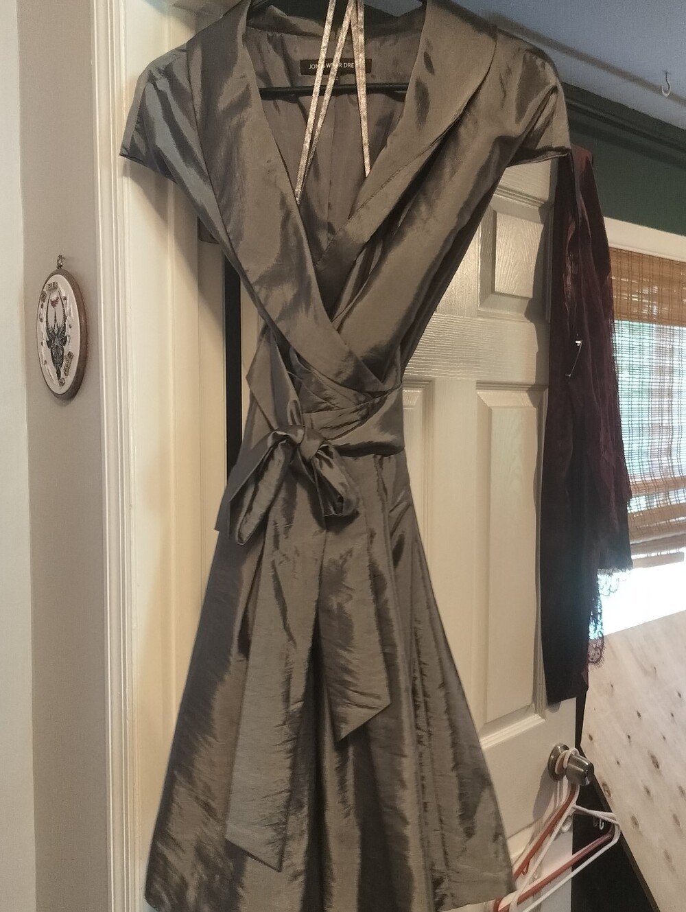 Jones Wear Silver-Gray Satin Dress with Metallic Straps